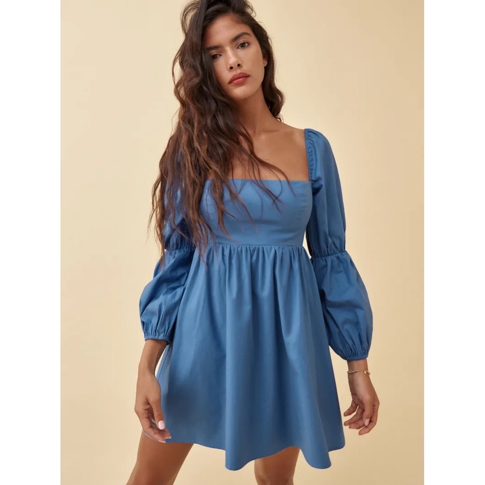 Reformation Women's Michaela Dress Blue Square Neck Puff Sleeve Mini- Size 4